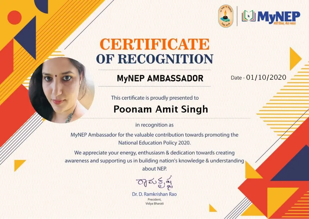 Certificate of Recognition for Poonam Amit Singh